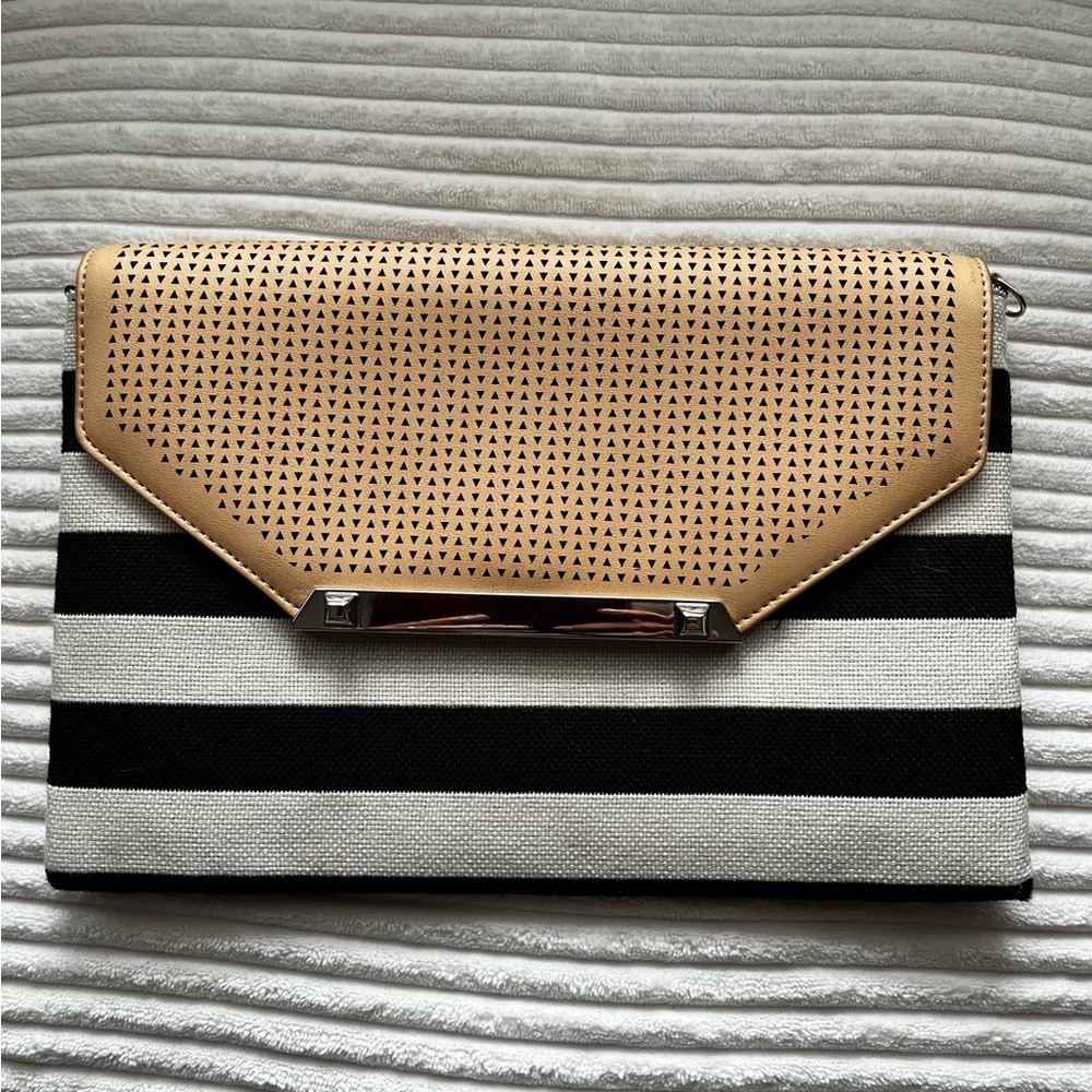 Stella & Dot Black, White & Tan Striped Clutch